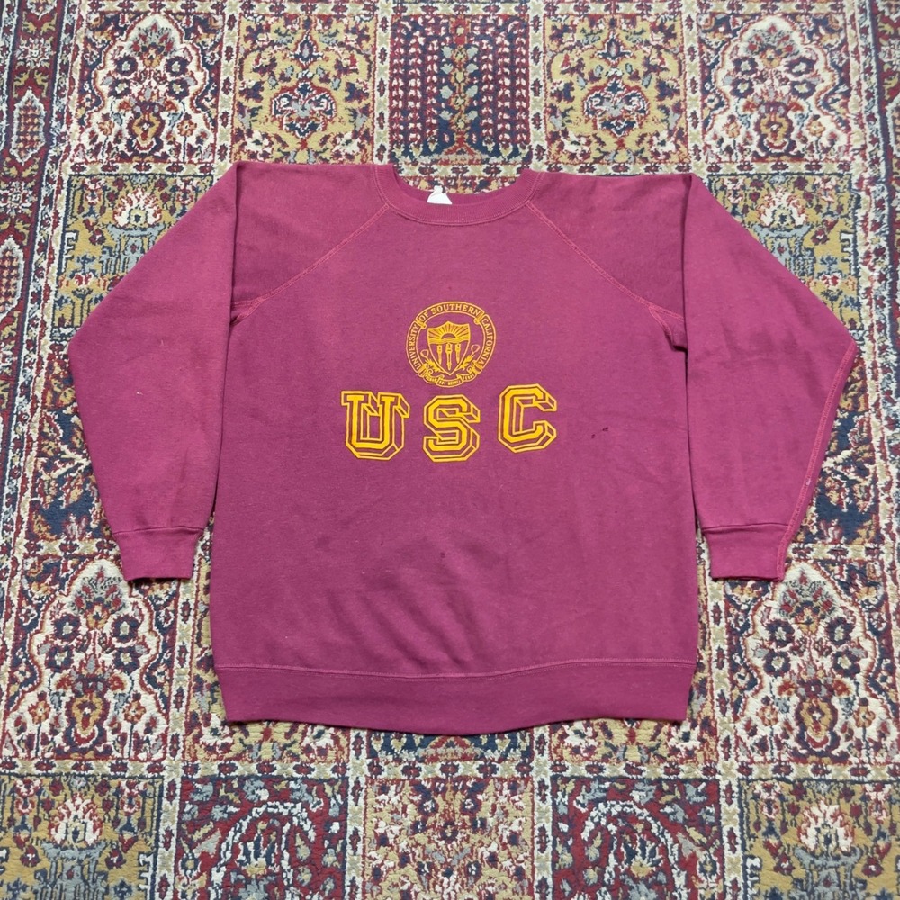 VTG 60s 70s Collegiate Pacific USC Flocked Crest Gusset Sweatshirt Maroon L USA
